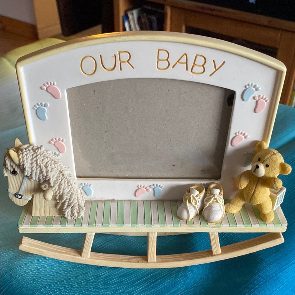 Vintage Baby Photo Frame with Rocking Horse and Teddy Bear